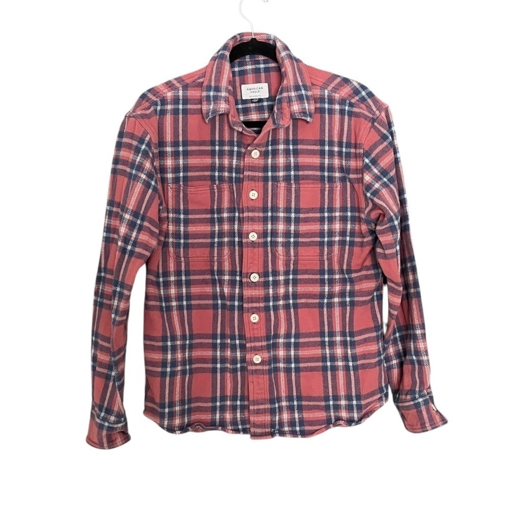 AEO Pink Blue Plaid Relaxed Fit Button Front Long Sleeve Shirt Small